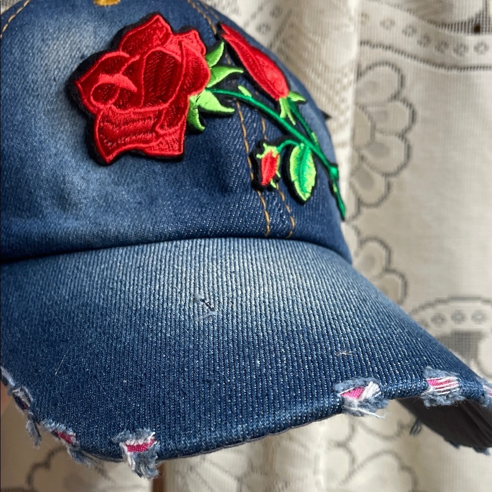 New With Tag Blue Denim Cap with Red and Yellow Embroidery Roses